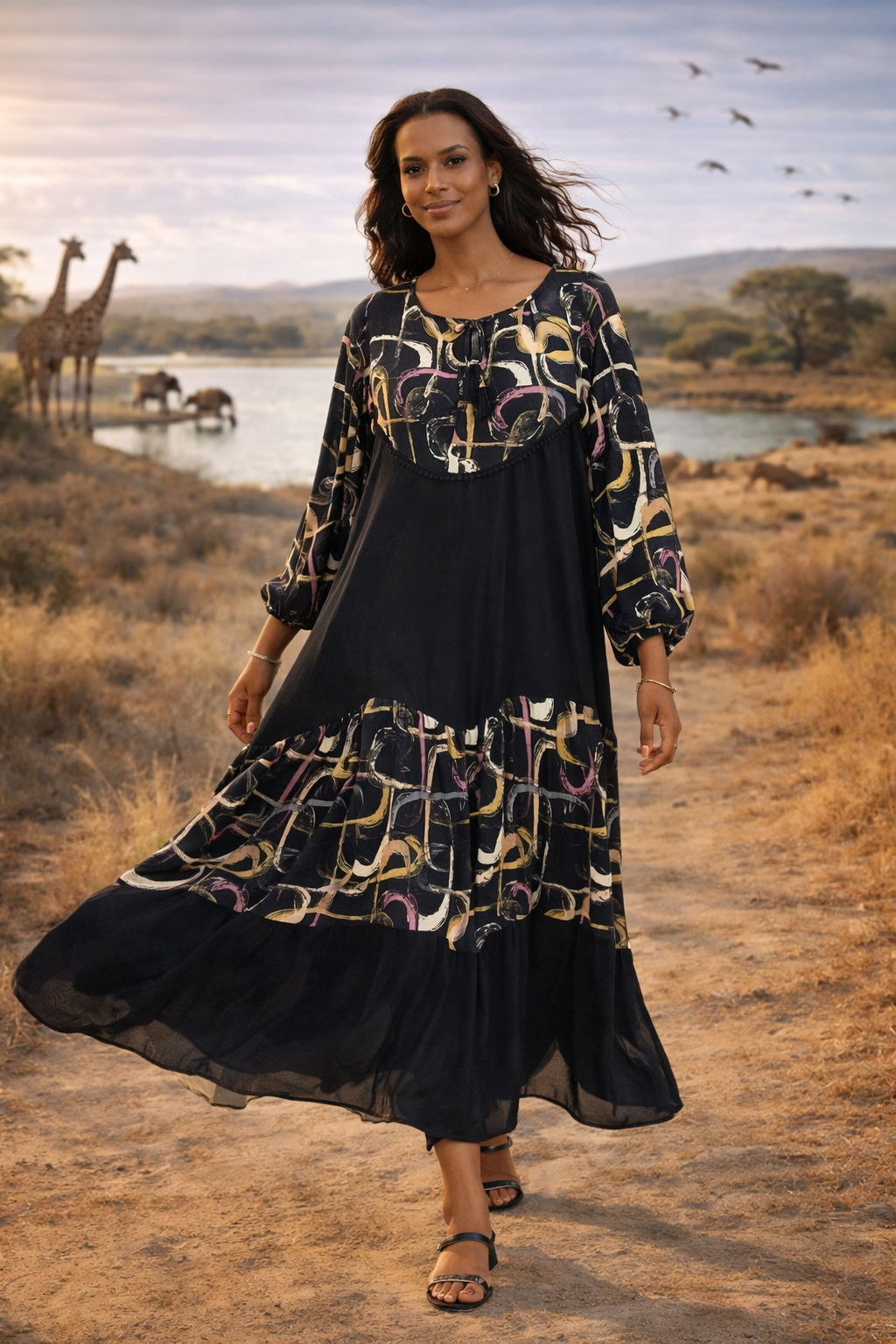 Abstract Panel Maxi Dress in Black - jqwholesale.com