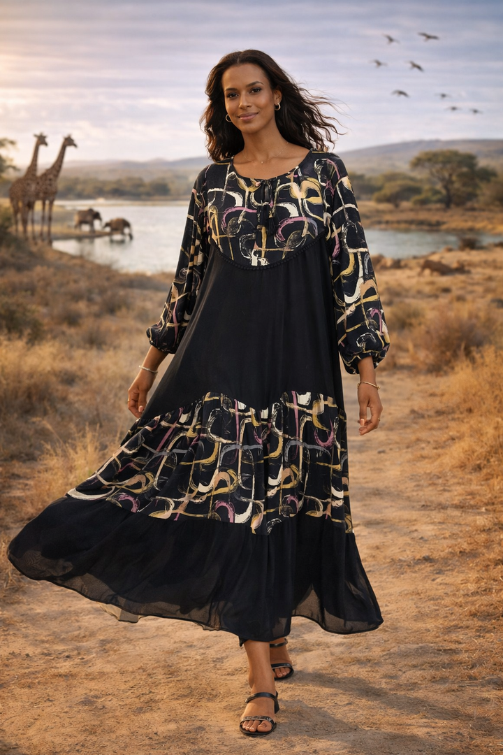 Abstract Panel Maxi Dress in Black - jqwholesale.com