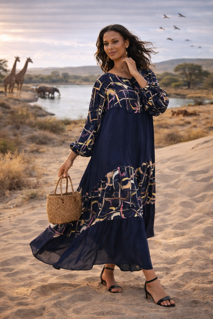 Abstract Panel Maxi Dress in Navy Blue - jqwholesale.com