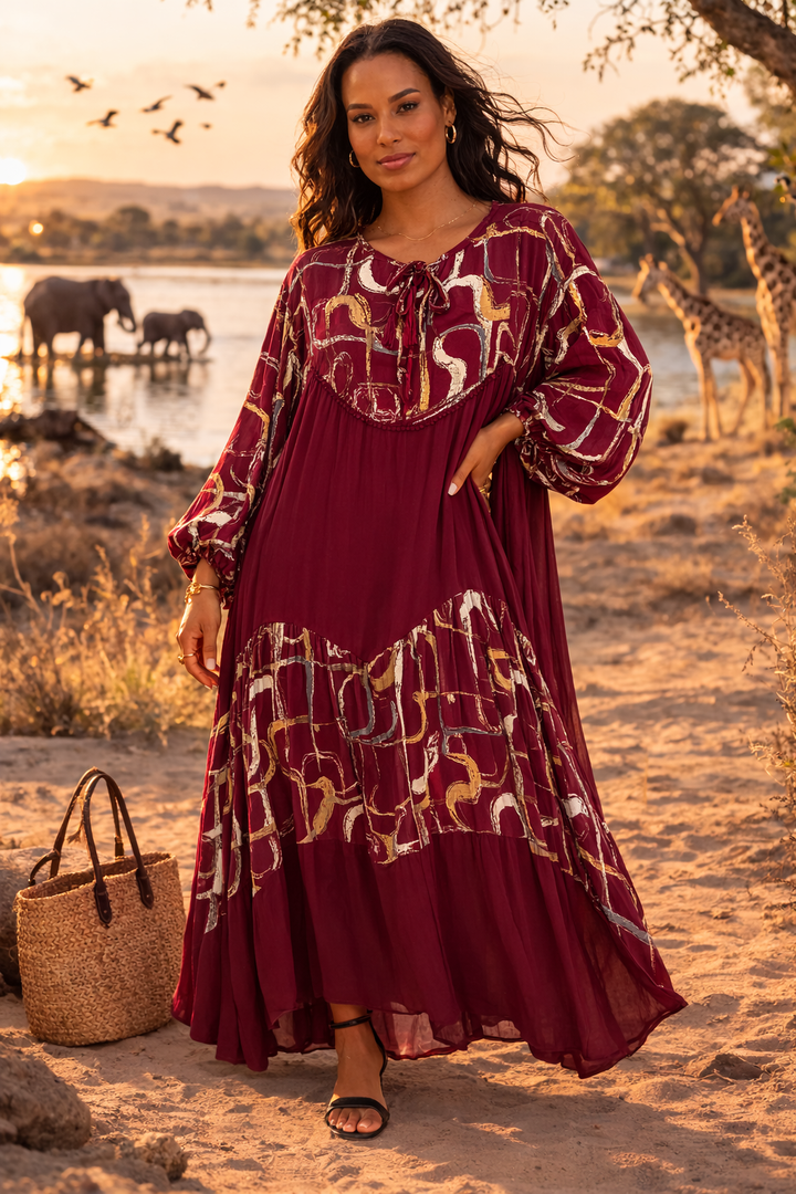 Abstract Panel Maxi Dress in Burgundy - jqwholesale.com