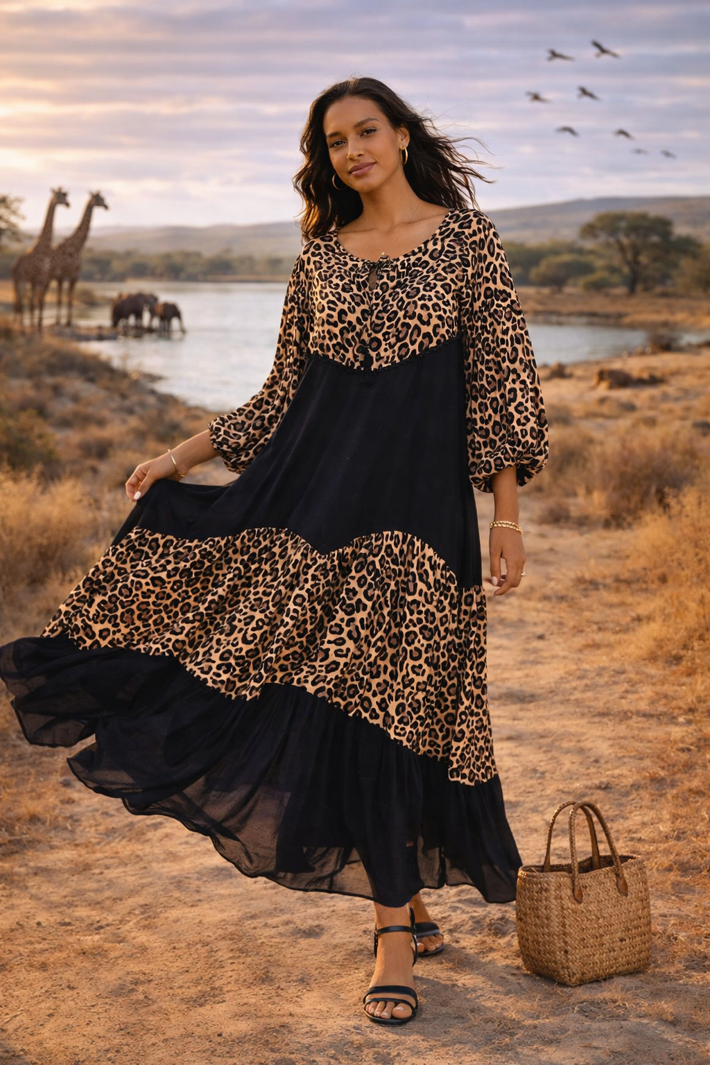 Abstract Panel Maxi Dress in Leopard Print - jqwholesale.com