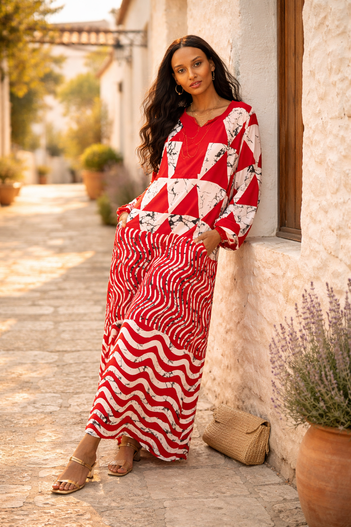 Abstract Print Maxi Dress with Long Sleeves in Orange - jqwholesale.com