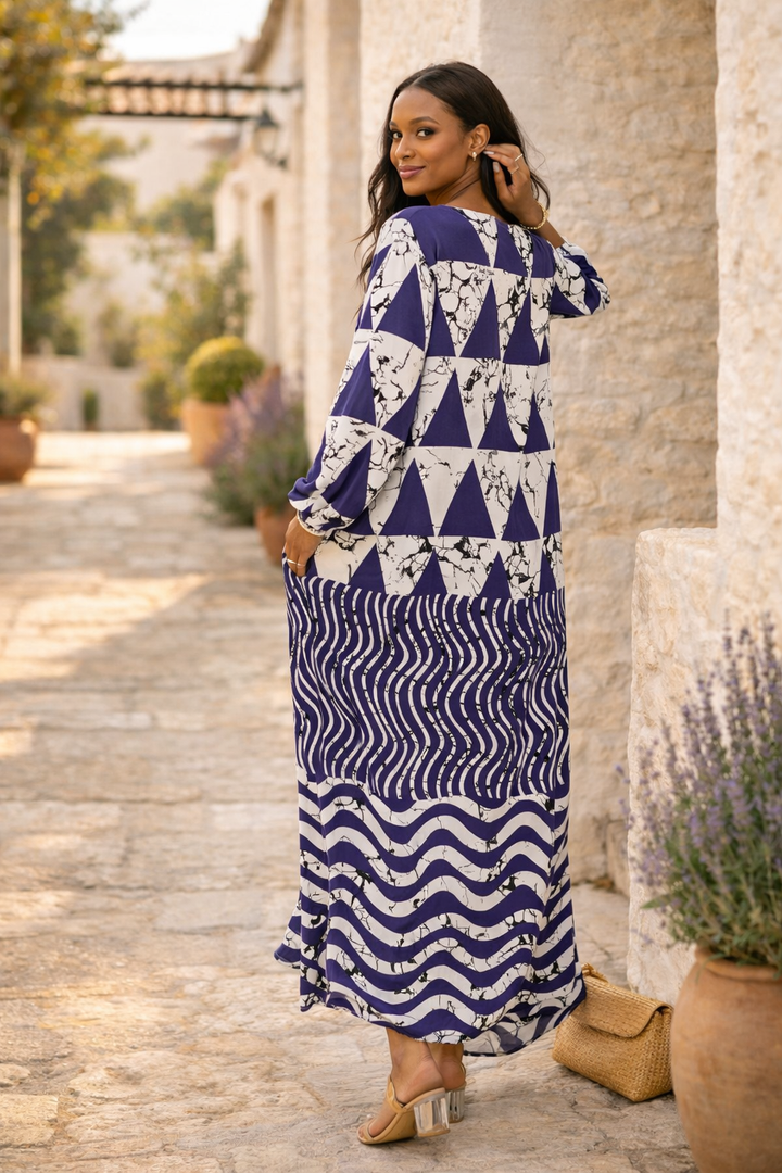 Abstract Print Maxi Dress with Long Sleeves in Purple - jqwholesale.com