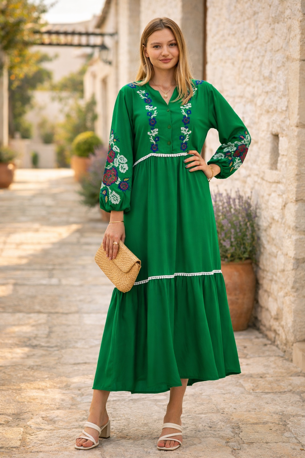 Embroidered Midi Dress with Contrast Floral Detail in Green - jqwholesale.com