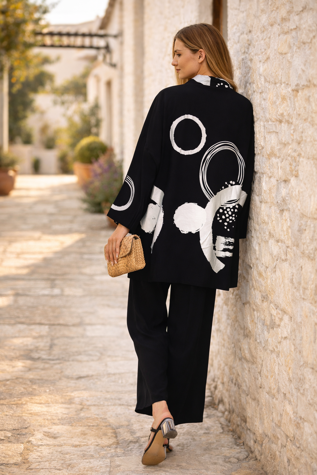 Abstract Print Kimono Co-Ord Set – White - jqwholesale.com