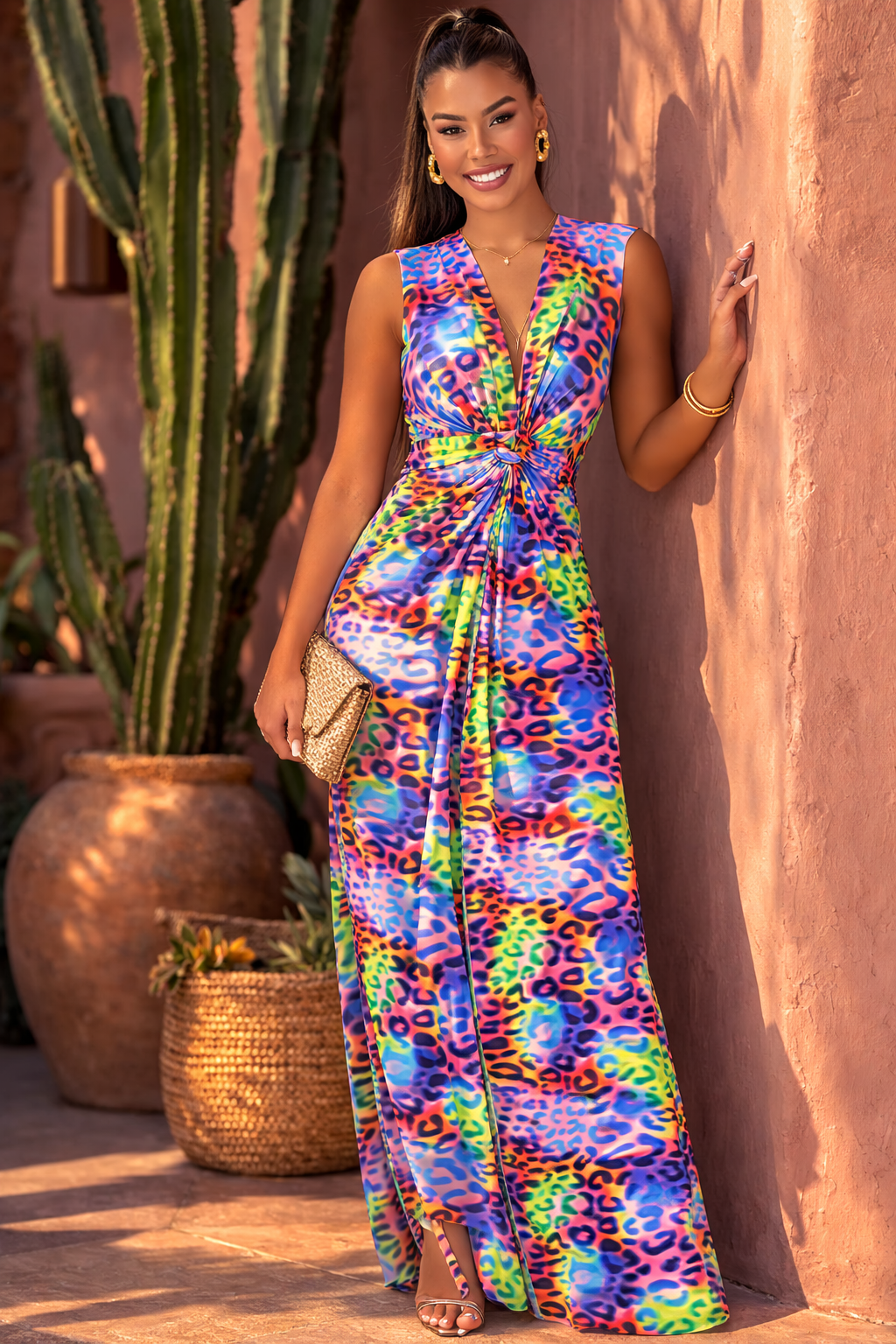 Ella Leopard Twist Maxi Dress in Multicolour - jqwholesale.com
