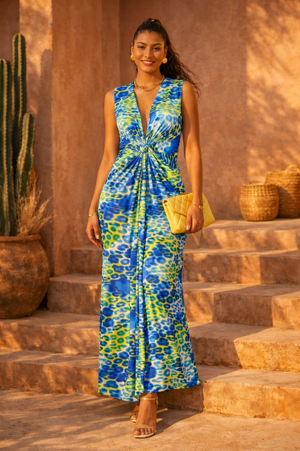 Ella Twist Maxi Dress in Blue Leopard Print - jqwholesale.com
