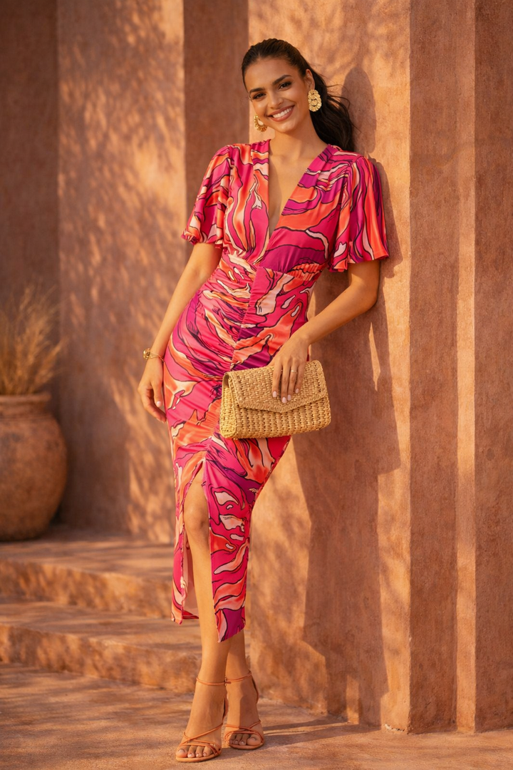 Sophia Angel Sleeve Midi Dress in Fuchsia Dream - jqwholesale.com