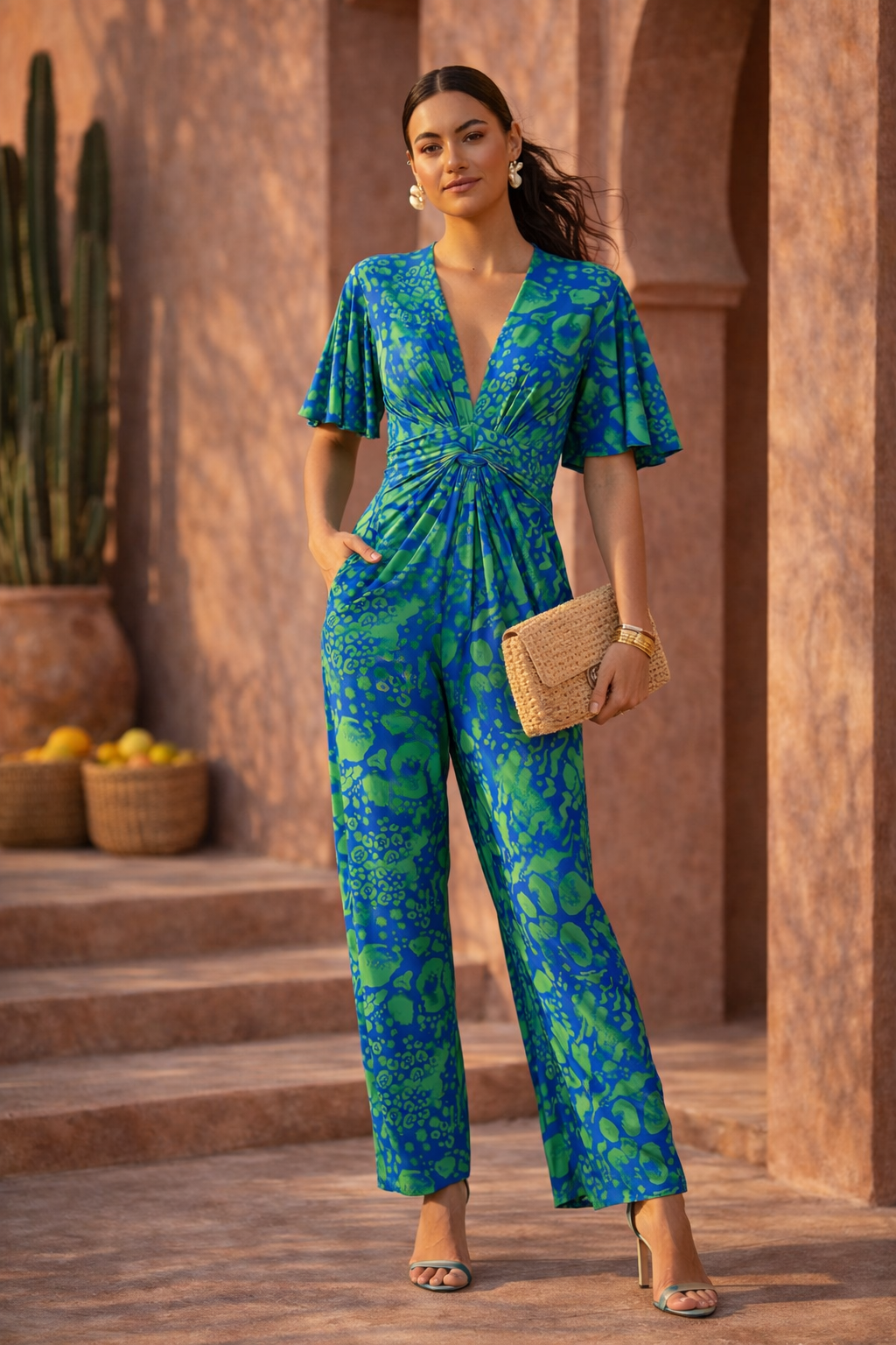 Tropical Green Angel Sleeve Maxi Jumpsuit with Twist Detail - jqwholesale.com