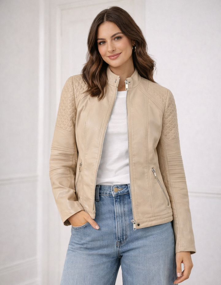 Beige Quilted Mandarin Neck Vegan Leather Look Jacket (4p.pack)