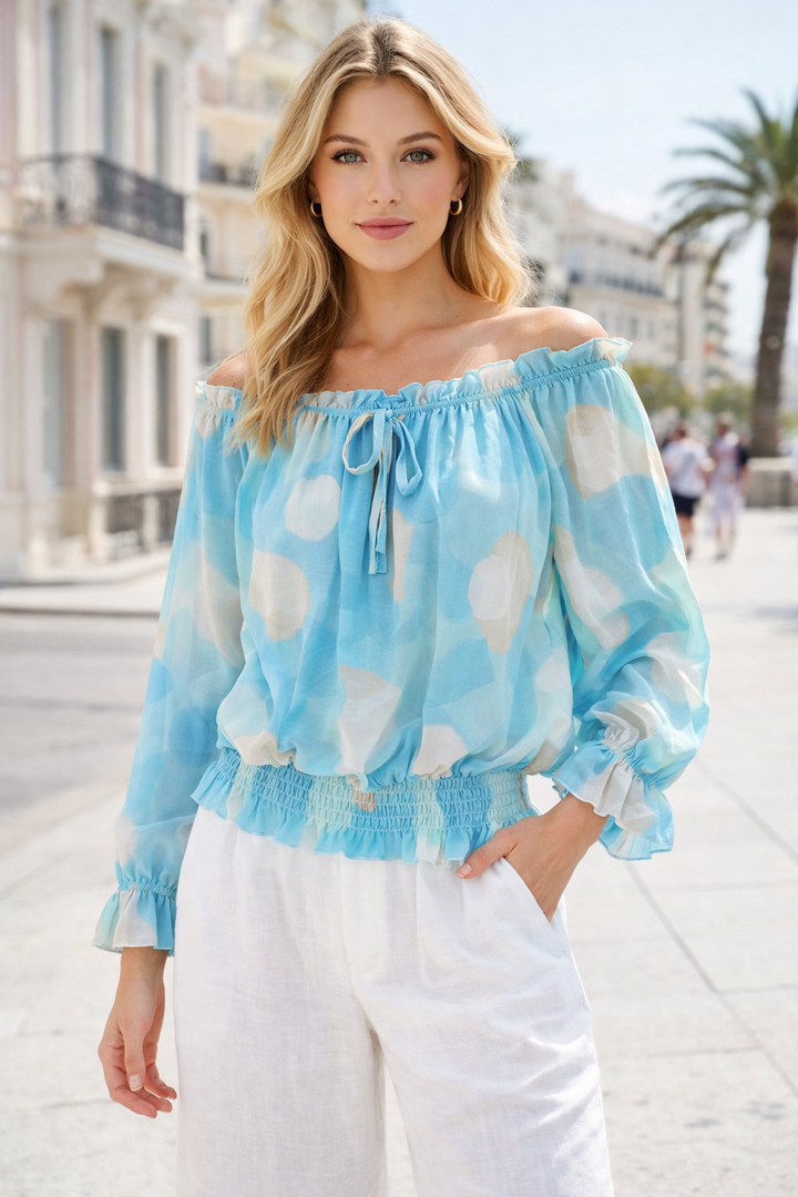 Tonal Print Ruffle Bardot Blouse