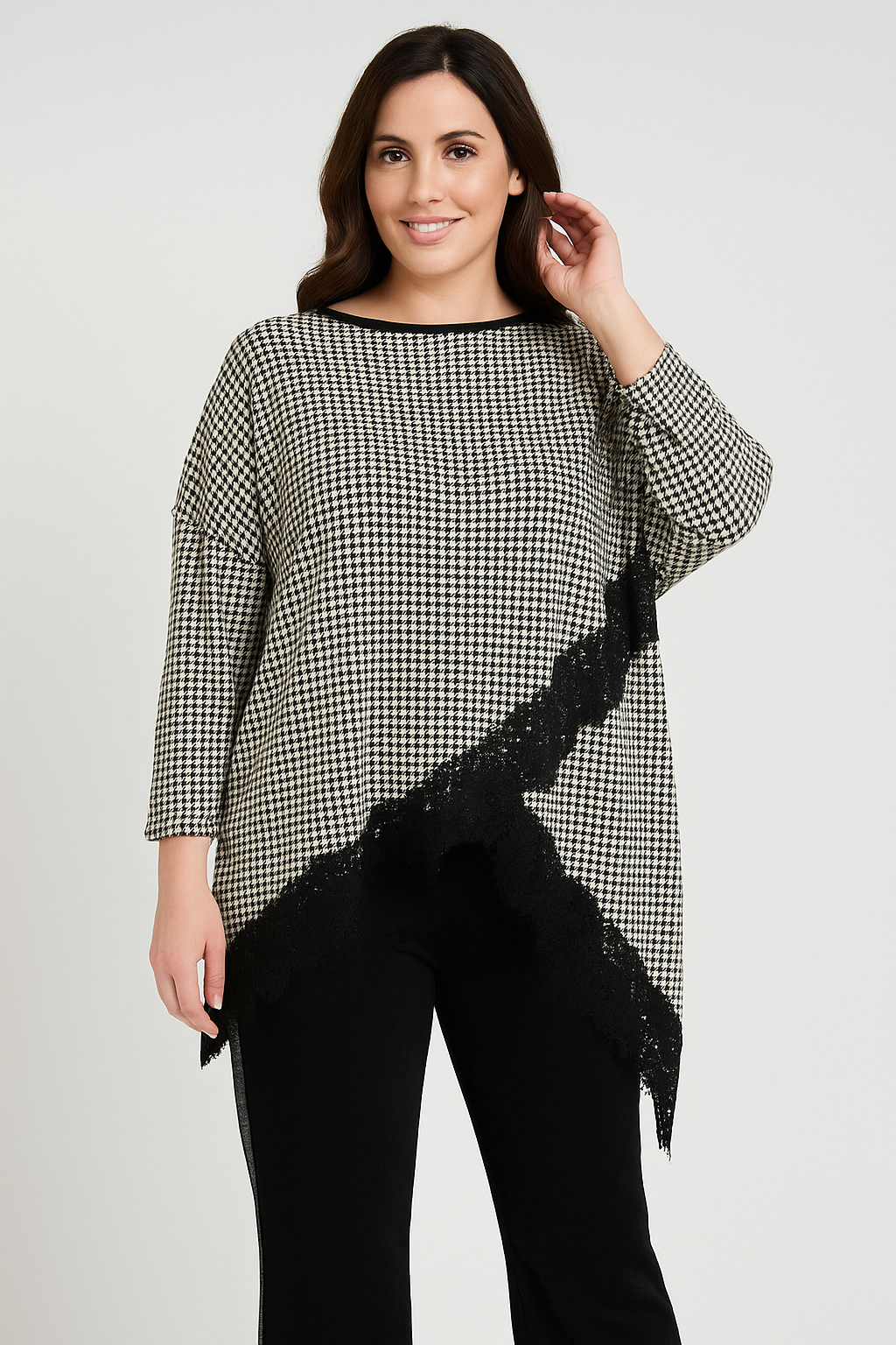 Check Asymmetric Lace Trim Tunic Top