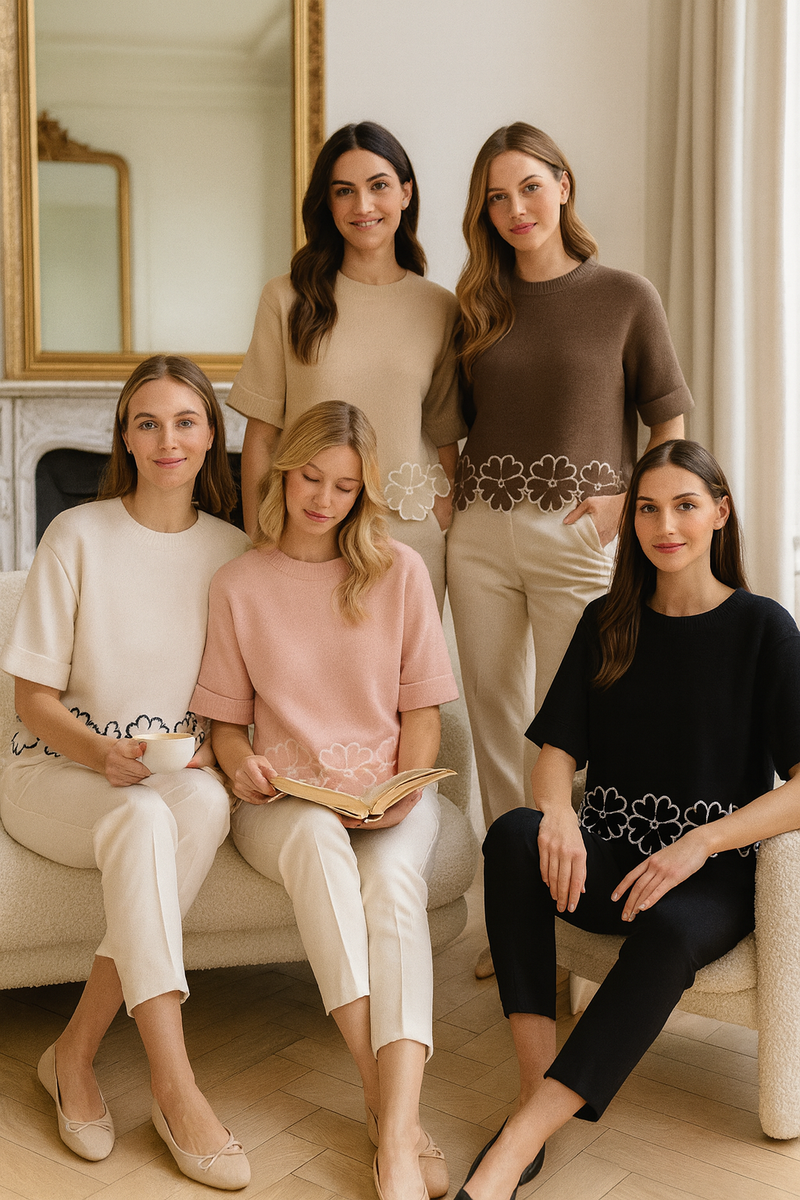 Floral Trim turn up Sleeve knit Jumper (2p.pack) - jqwholesale.com