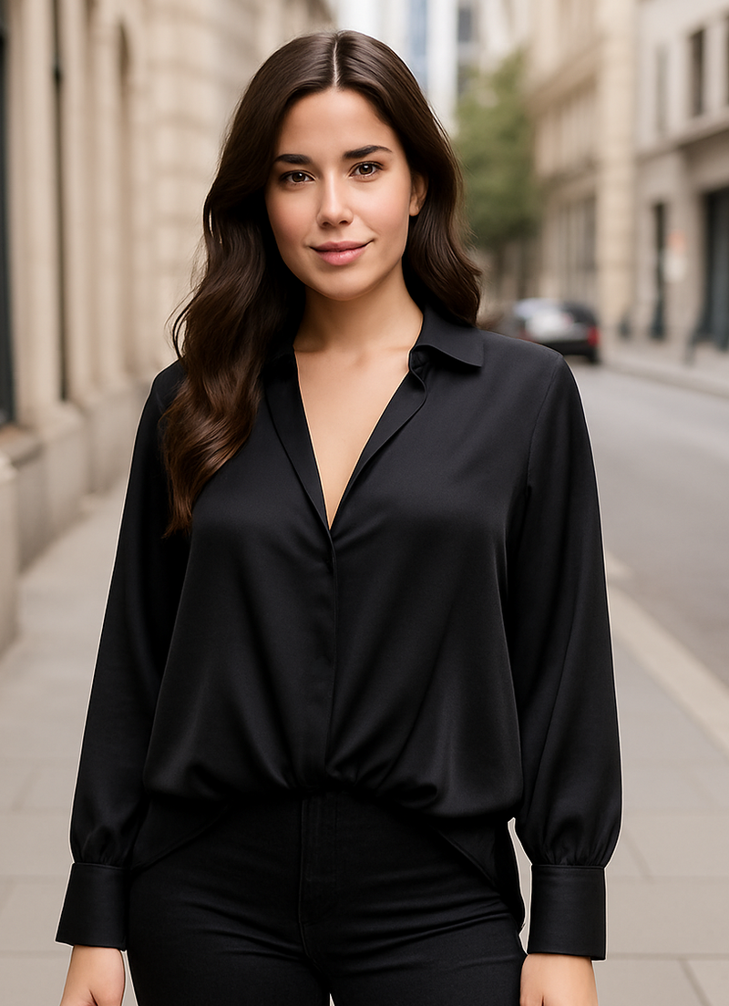 Sateen V Collar High Low Padded Shoulder Blouse