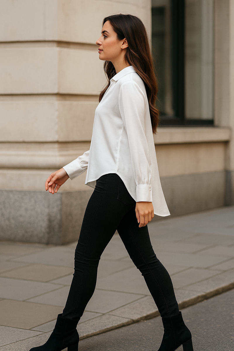 Sateen V Collar High Low Padded Shoulder Blouse