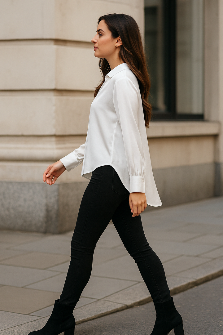 Sateen V Collar High Low Padded Shoulder Blouse