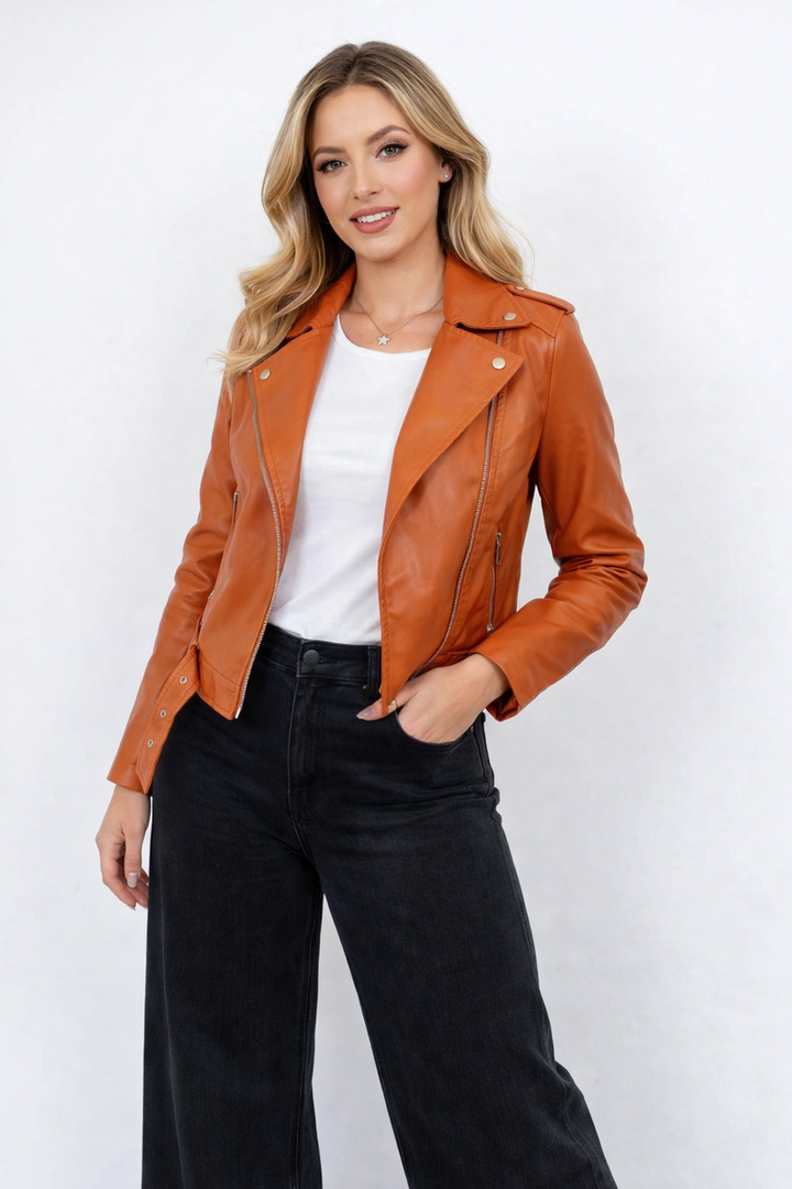 (4P.PACK) Plain Leather Look Biker Jacket – Tan
