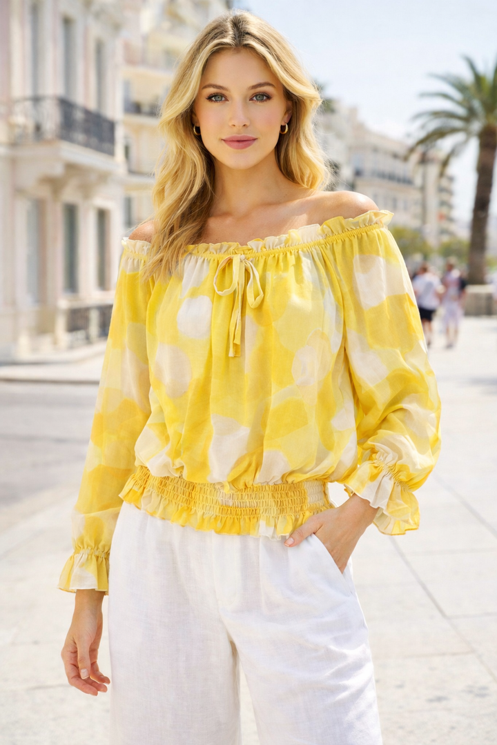 Tonal Print Ruffle Bardot Blouse