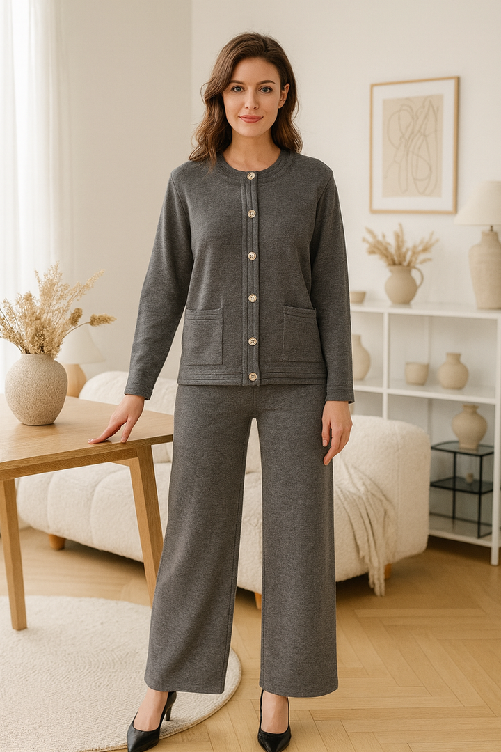 Gold Button Plain Two Piece Classic Coord Loungewear Set (2P.PACK) - jqwholesale.com