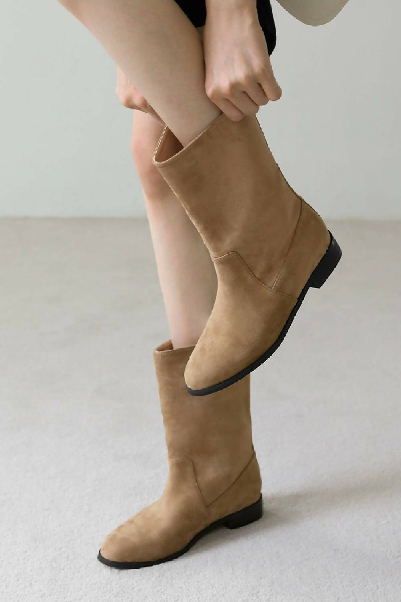 Camel Suede Designer Calf High Flat Boot (PACK OF 12 PAIRS UK3-UK8) - jqwholesale.com