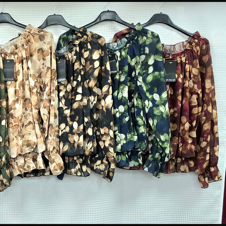 Contrast Leaf Ruffle Frill Bardot blouse - jqwholesale.com