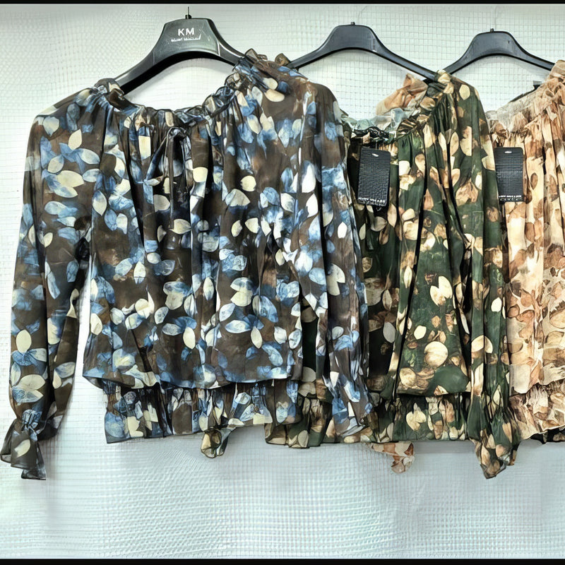 Contrast Leaf Ruffle Frill Bardot blouse - jqwholesale.com