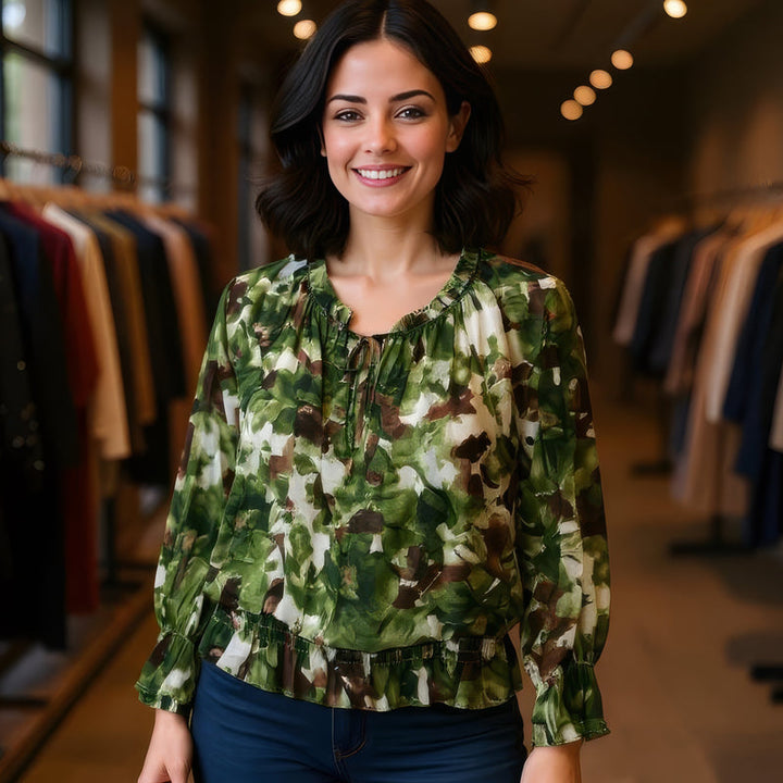 Abstract Floral Ruffle Bardot Blouse - jqwholesale.com