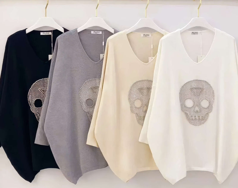 (2P. PACK) Diamante Stud Skull Wool Blend Fine Knit - jqwholesale.com