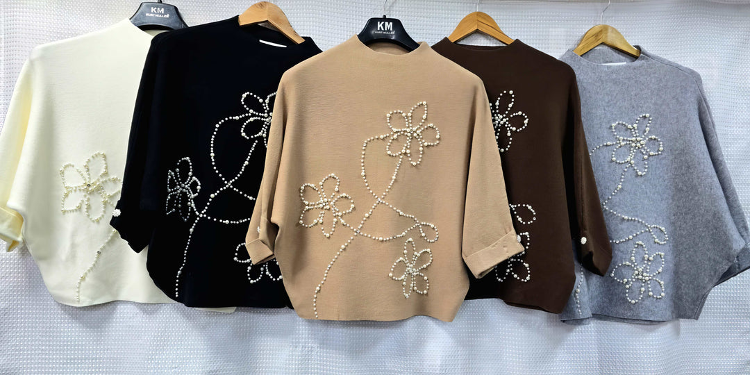 Floral Pearl Embellished Turtle Knit - jqwholesale.com