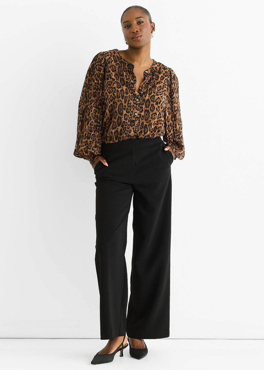 Brown Chiffon Animal Print Pleated Shift Shirt Blouse