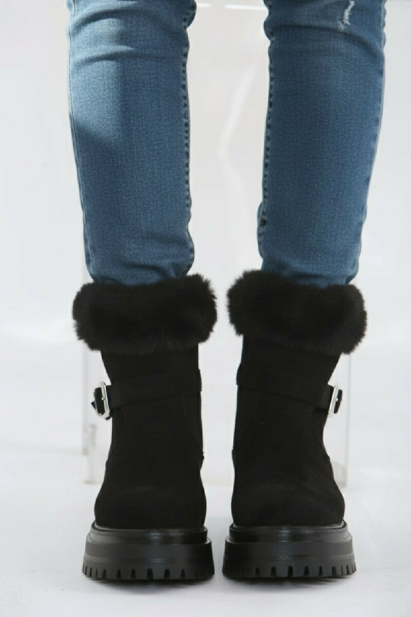 Black Faux Fur Collar Buckle Ankle Boot (PACK OF 12 PAIRS UK3-UK8) - jqwholesale.com