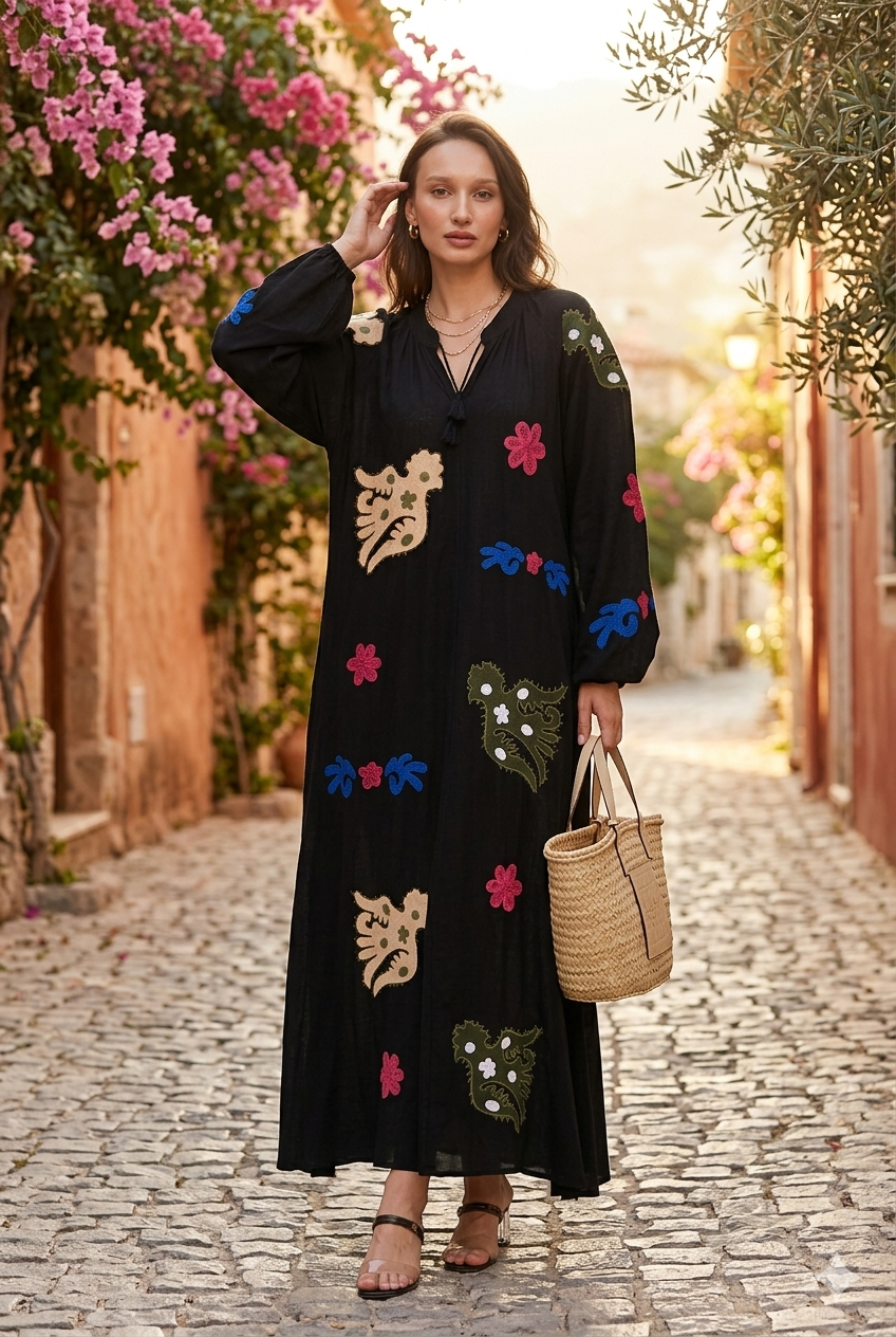 Embroidered Maxi Dress with Statement Motifs in Black - jqwholesale.com