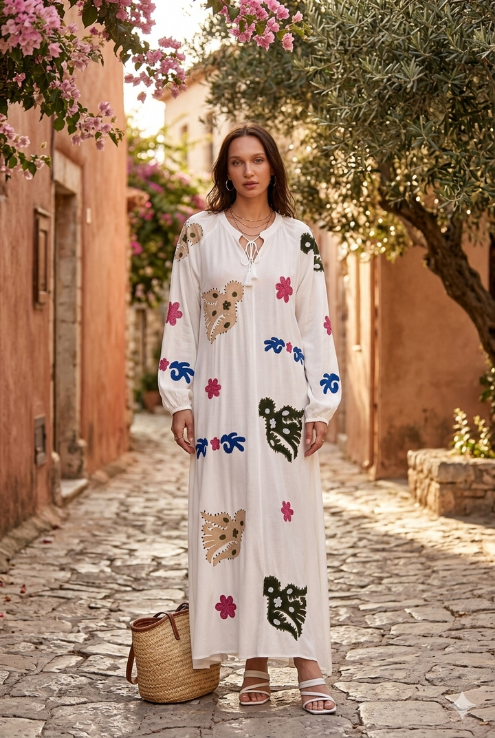 Embroidered Maxi Dress with Statement Motifs in White - jqwholesale.com