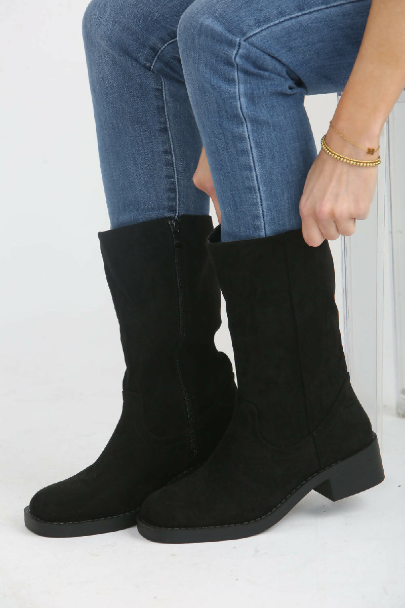 Black Suede Designer Calf High Flat Boot (PACK OF 12 PAIRS UK3-UK8) - jqwholesale.com