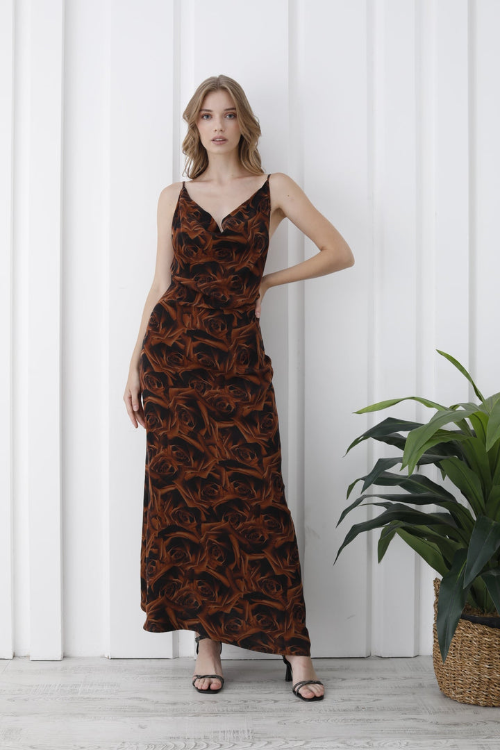 Abstract Rose Print Maxi Dress - Brown