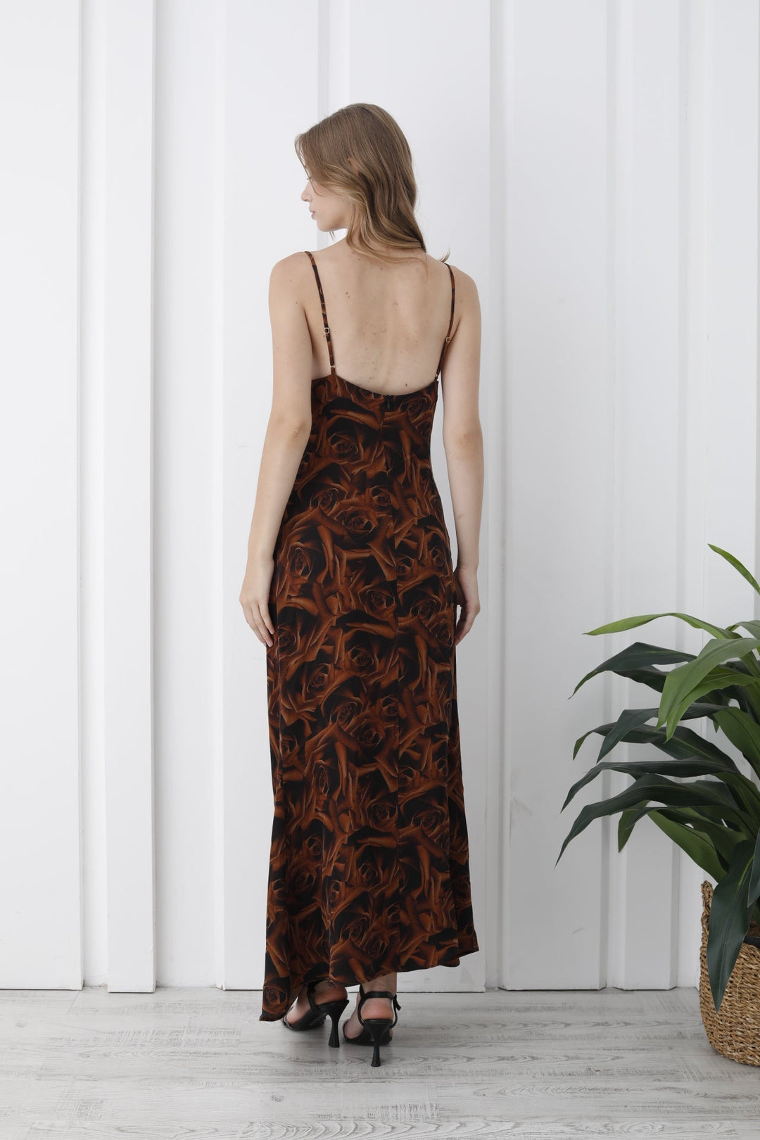 Abstract Rose Print Maxi Dress - Brown