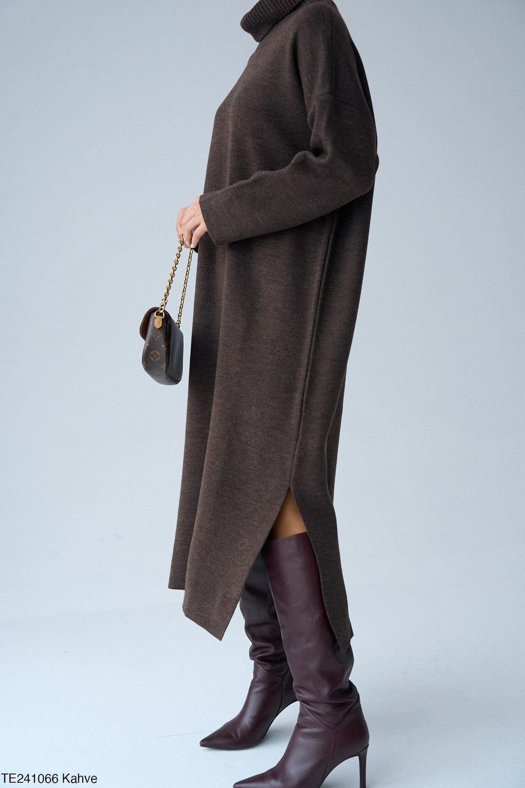 Roll-Neck Relaxed Knit Dress in Chocolate - jqwholesale.com