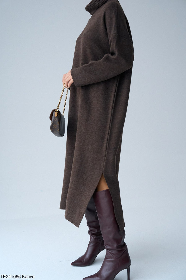Roll-Neck Relaxed Knit Dress in Chocolate - jqwholesale.com