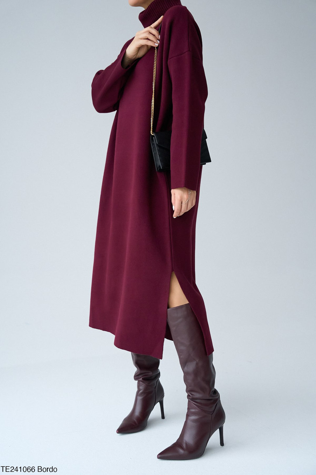 Roll-Neck Relaxed Knit Dress in Bordeaux