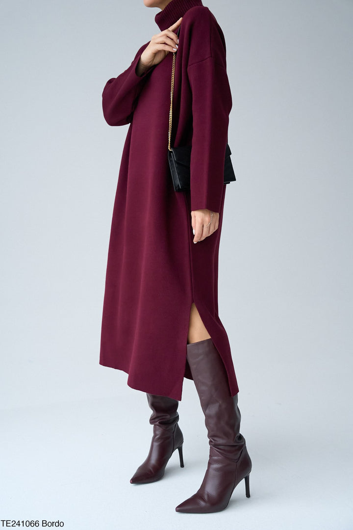 Roll-Neck Relaxed Knit Dress in Bordeaux