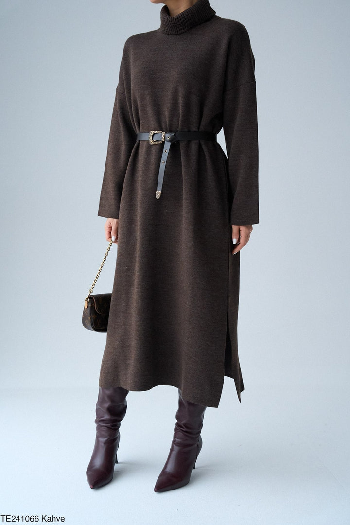 Roll-Neck Relaxed Knit Dress in Chocolate - jqwholesale.com