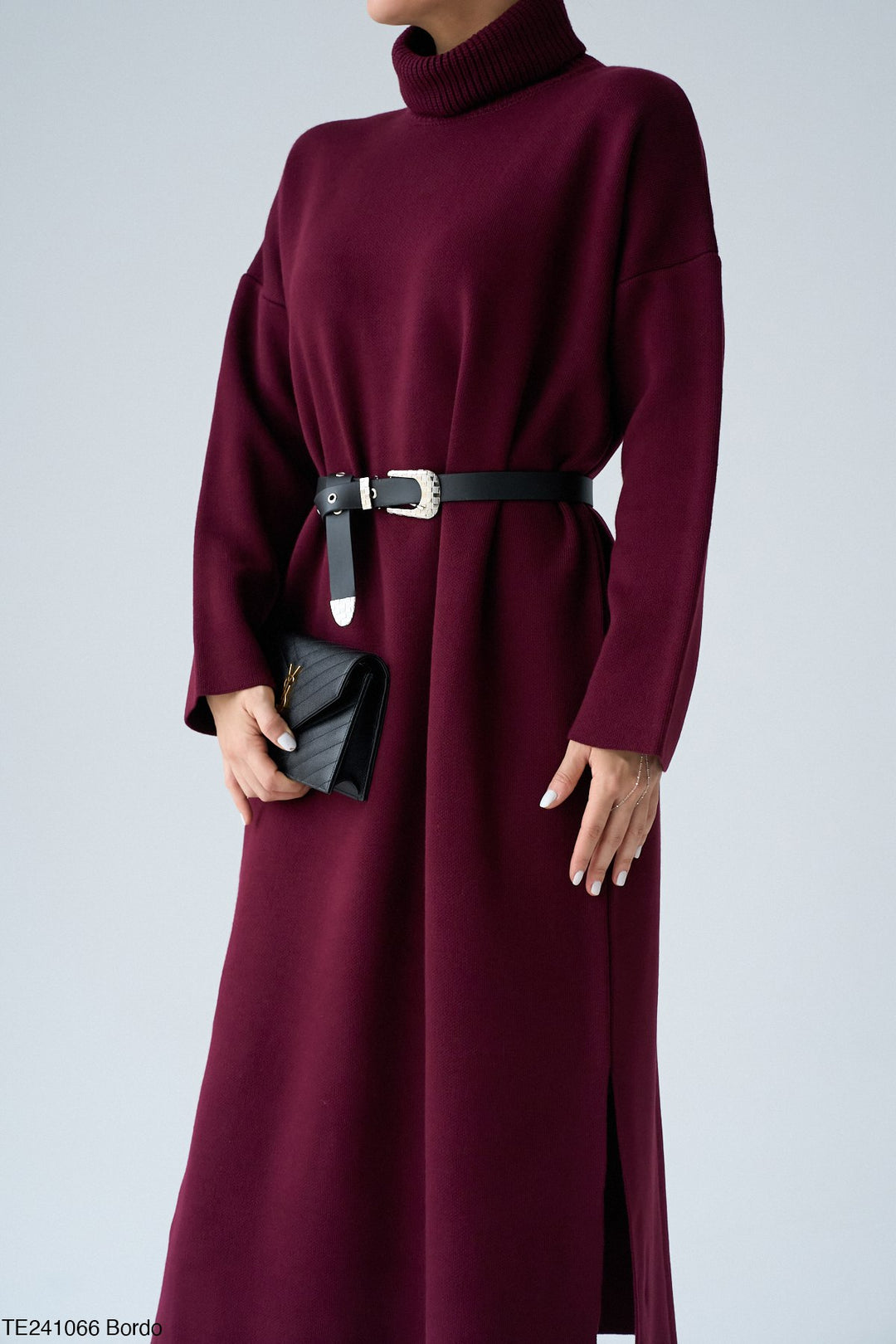Roll-Neck Relaxed Knit Dress in Bordeaux