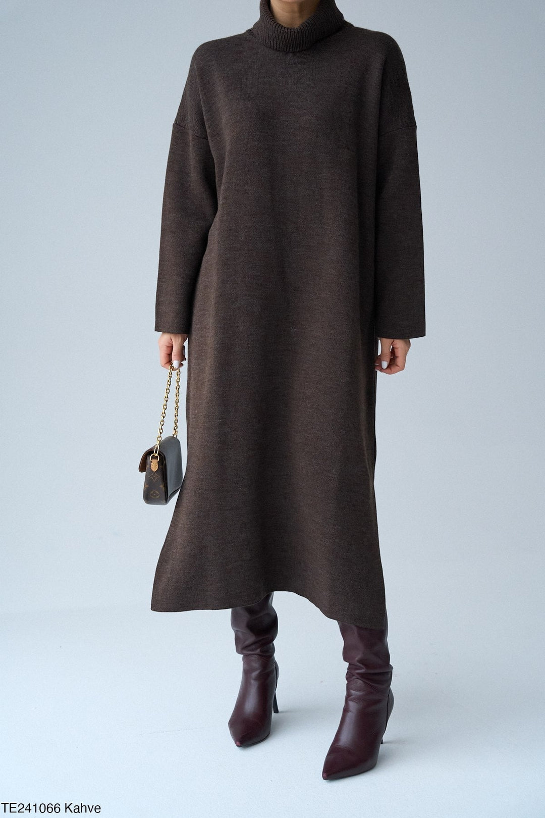 Roll-Neck Relaxed Knit Dress in Chocolate - jqwholesale.com