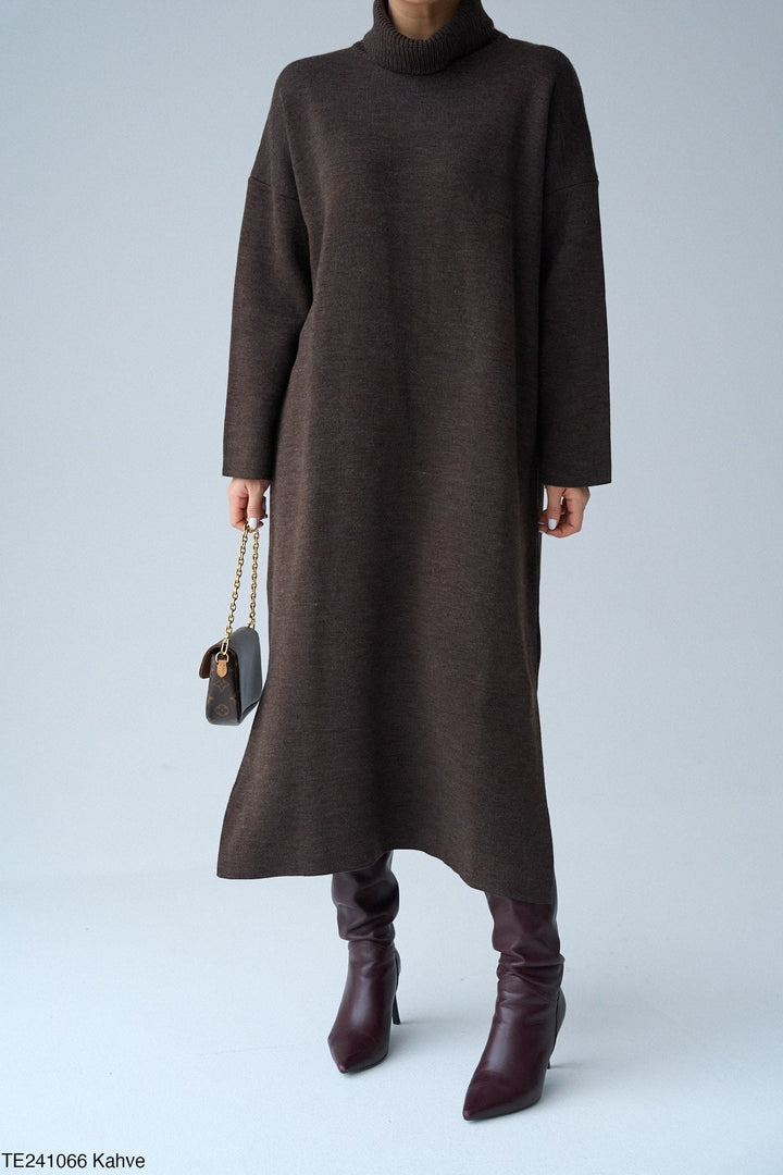 Roll-Neck Relaxed Knit Dress in Chocolate - jqwholesale.com