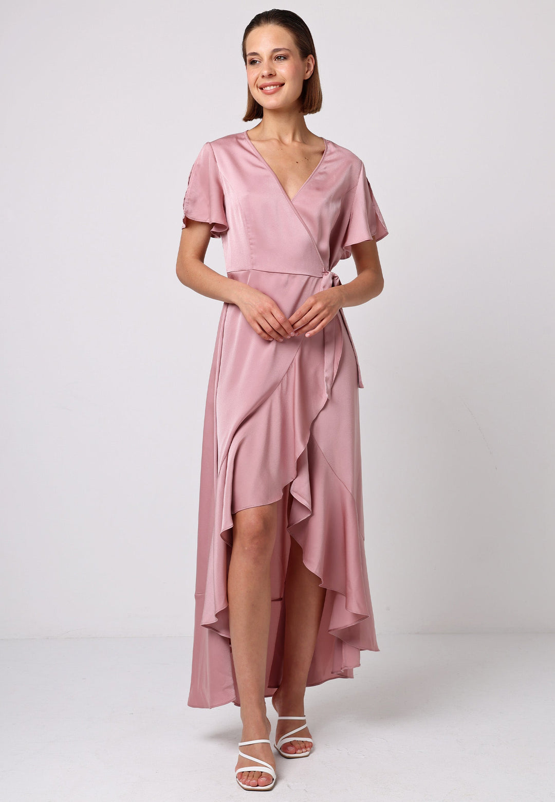 Satin Ruffle Wrap Midi Dress in Dusty Pink | ANGELEYE - jqwholesale.com