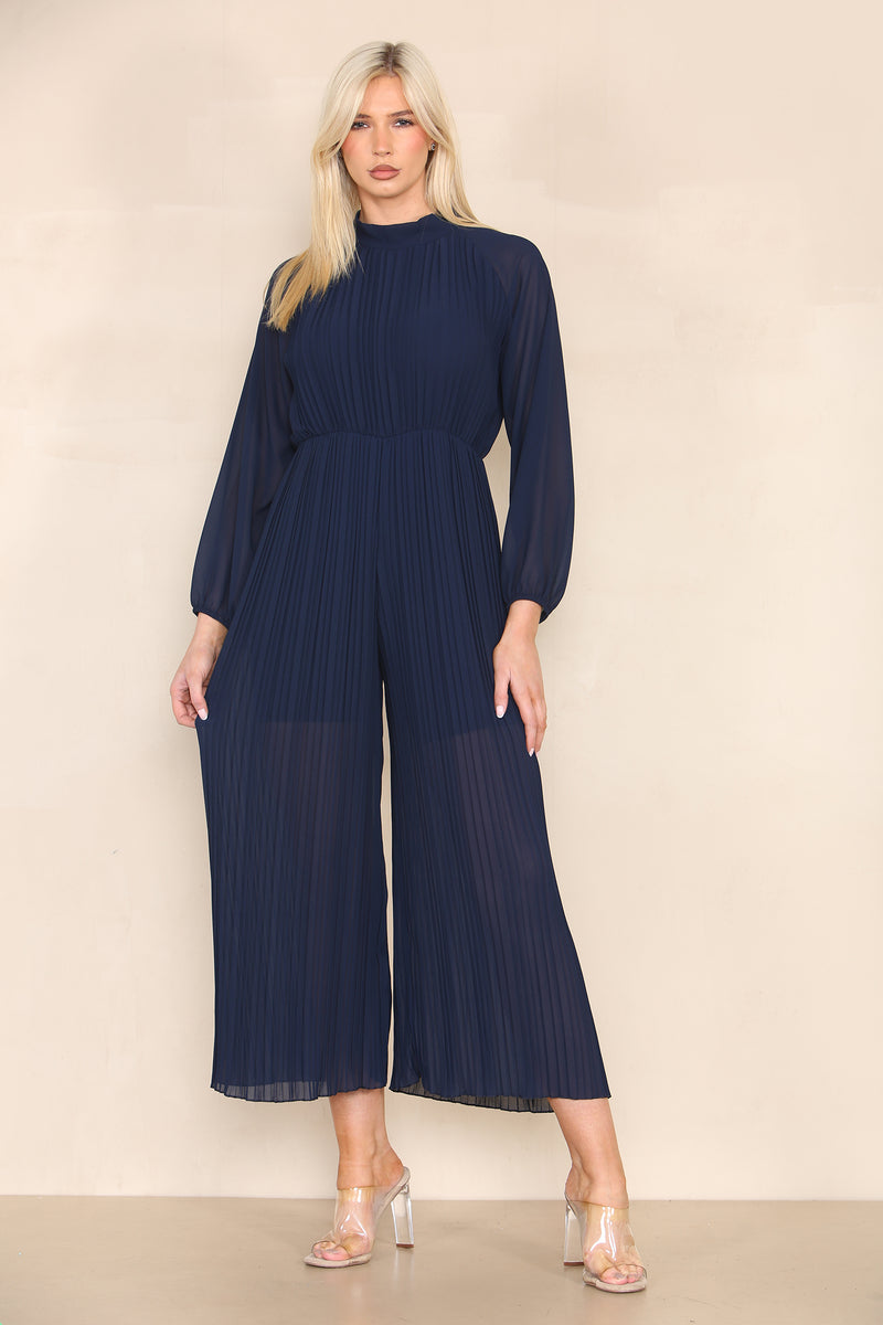High Neck Pleated Jumpsuit with Open Bow Back - jqwholesale.com