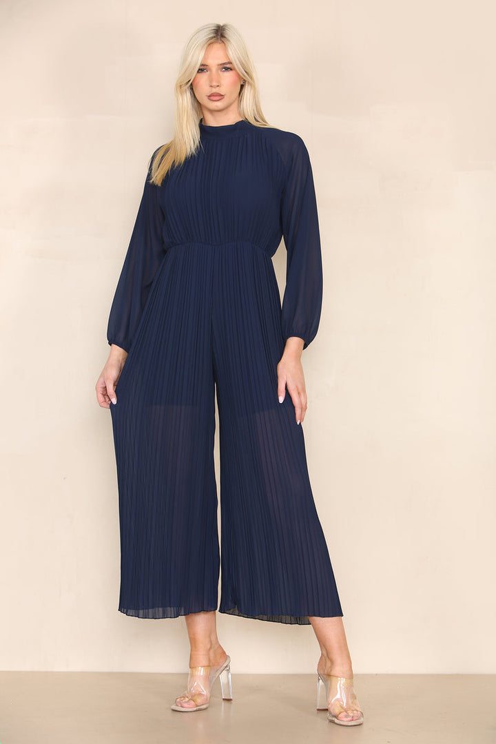 High Neck Pleated Jumpsuit with Open Bow Back - jqwholesale.com