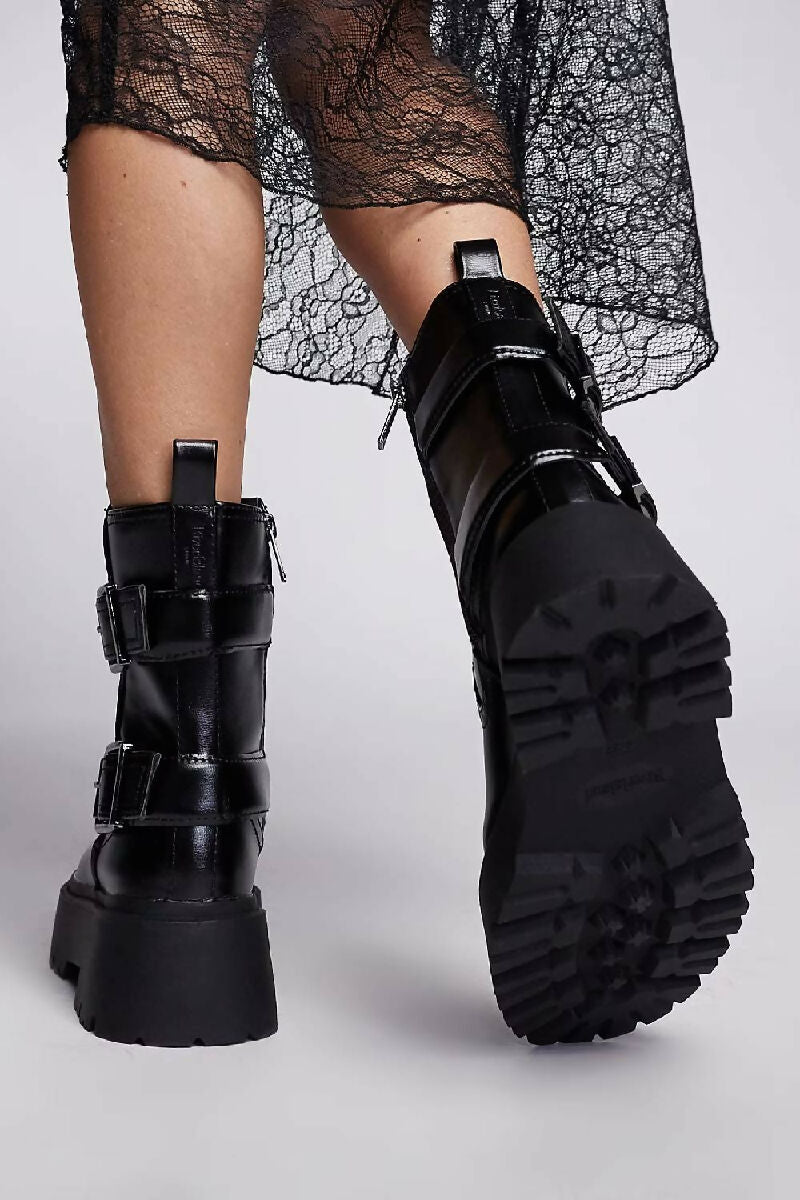 Black Double Buckle Chunky Biker Boots (PACK OF 12 PAIRS UK3-UK8) - jqwholesale.com