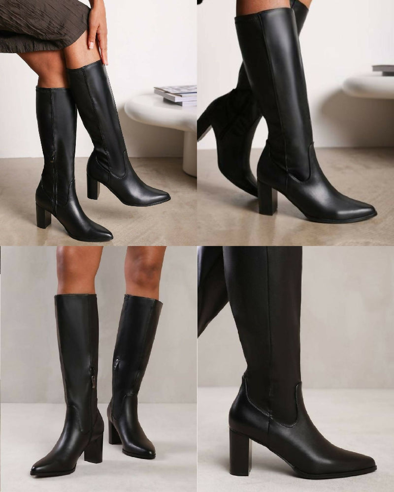 BLACK KNEE HIGH HEELED BOOT (PACK OF 12 PAIRS UK3-UK8) - jqwholesale.com