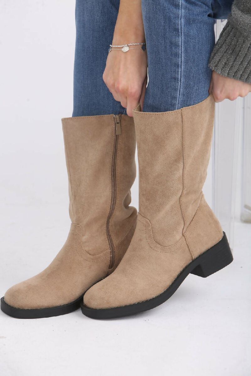 Camel Suede Designer Calf High Flat Boot (PACK OF 12 PAIRS UK3-UK8) - jqwholesale.com